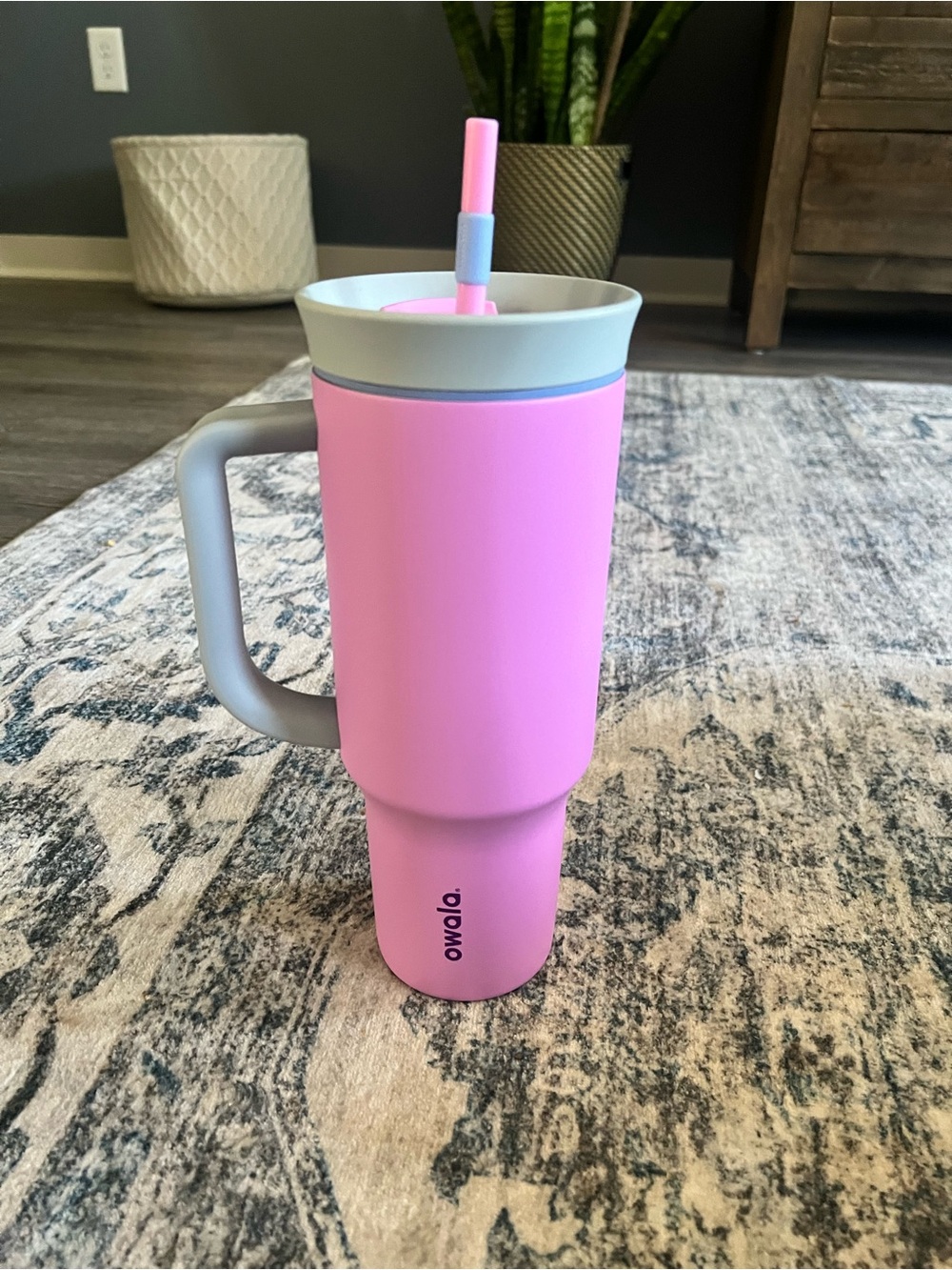 Owala Pink Travel Tumbler with Handle and Straw